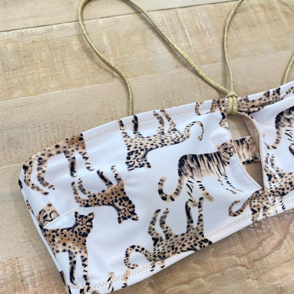 Aerie Swim bikini  keyhole top metallic gold halter bandeau cheetah animal print